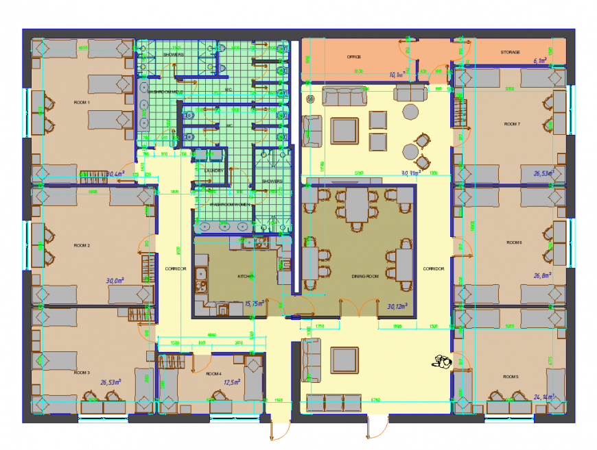 Hostel plan with design of architect detail dwg file - Cadbull